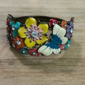 Vintage Enamel Floral Butterfly Multicolor Cuff Bracelet